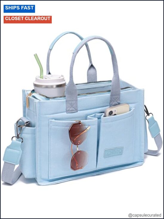 Handbags - Large Canvas Tote Bag with Laptop Compartment Crossbody Work Travel Tote for